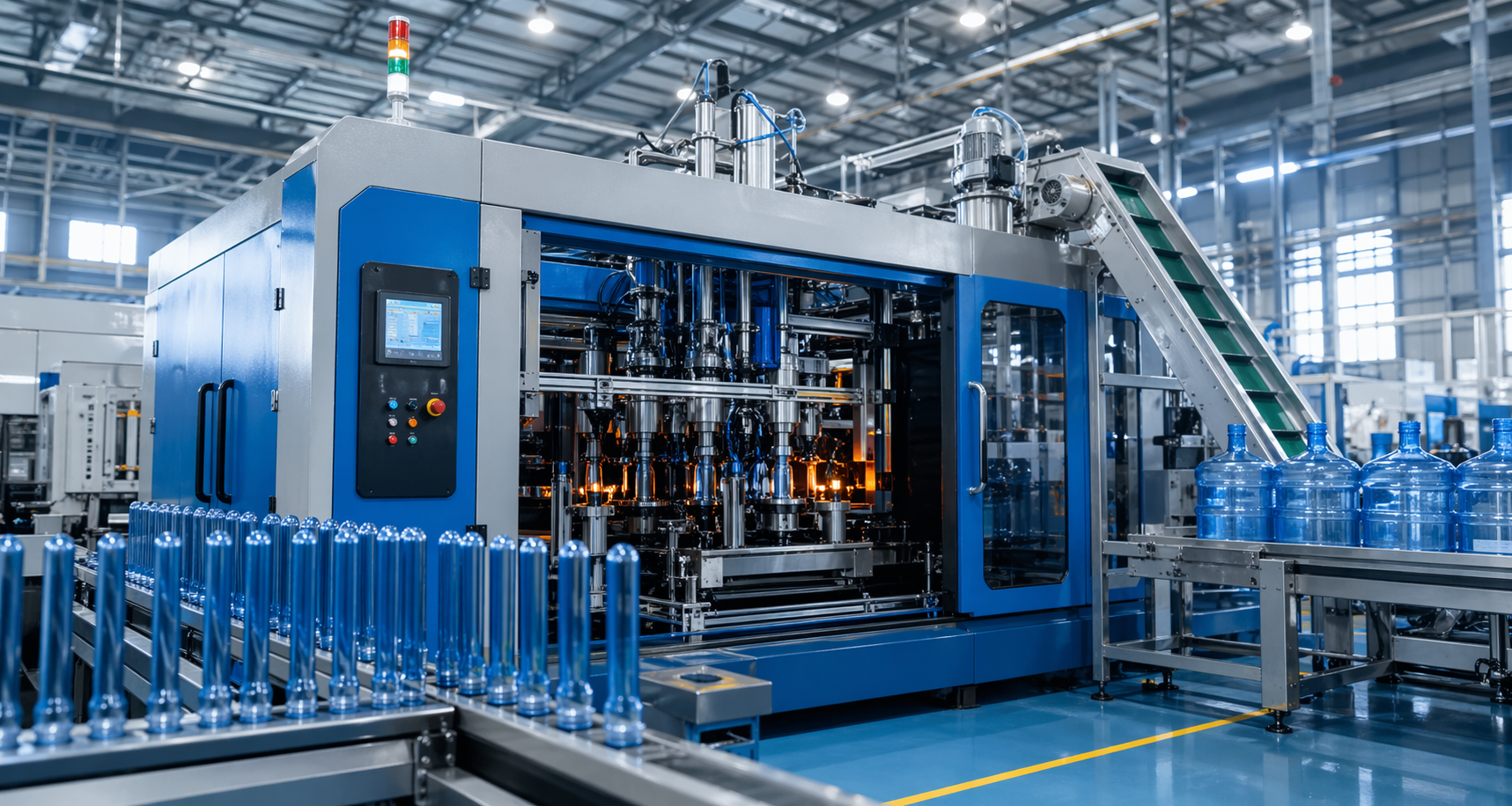 Blow molding machine for beverage bottle production