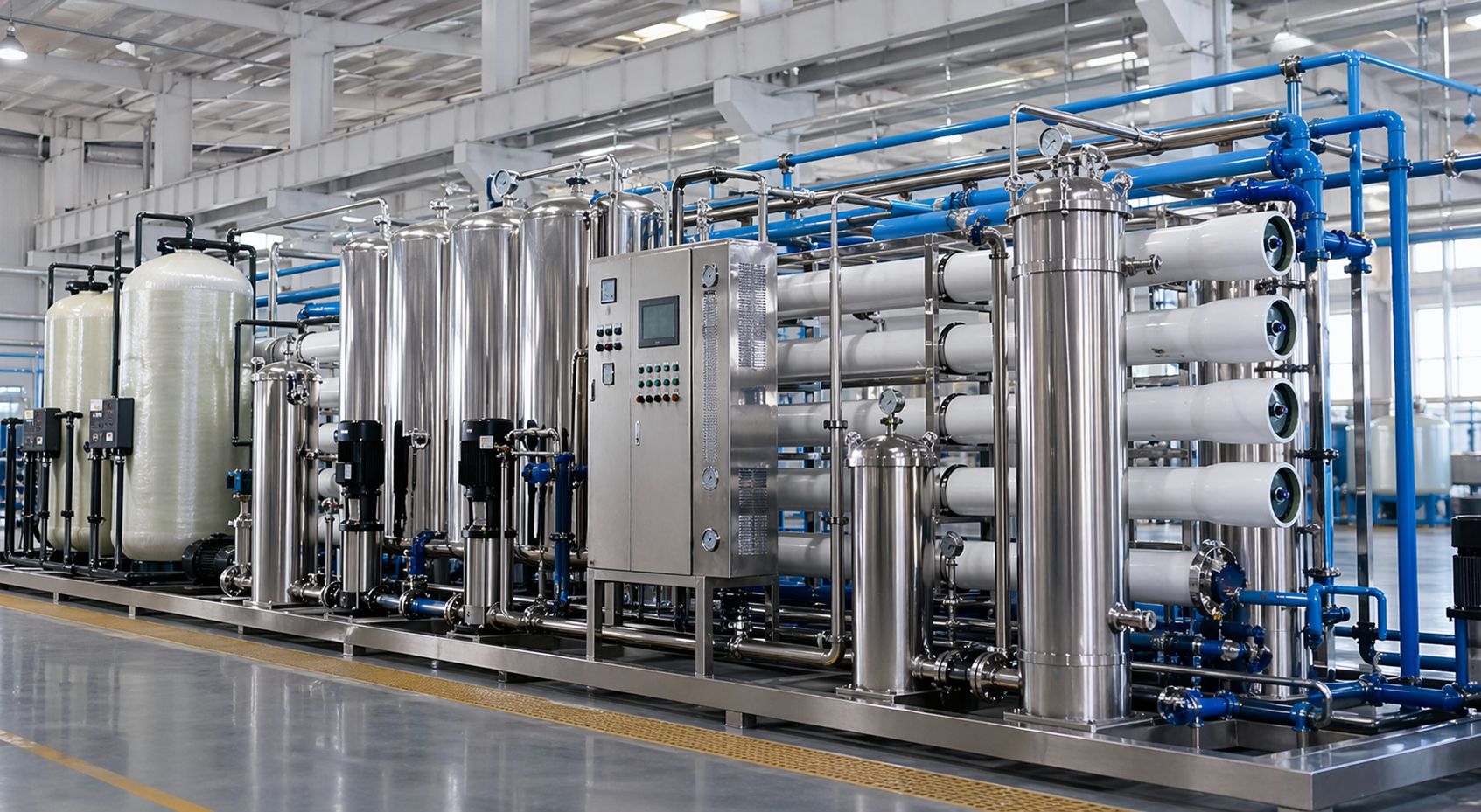 Industrial water treatment system for beverage production